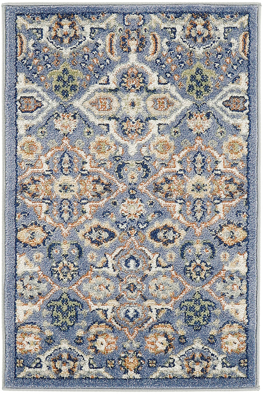 Rectangular blue Oriental area rug with ivory, peach, & green floral medallion pattern.