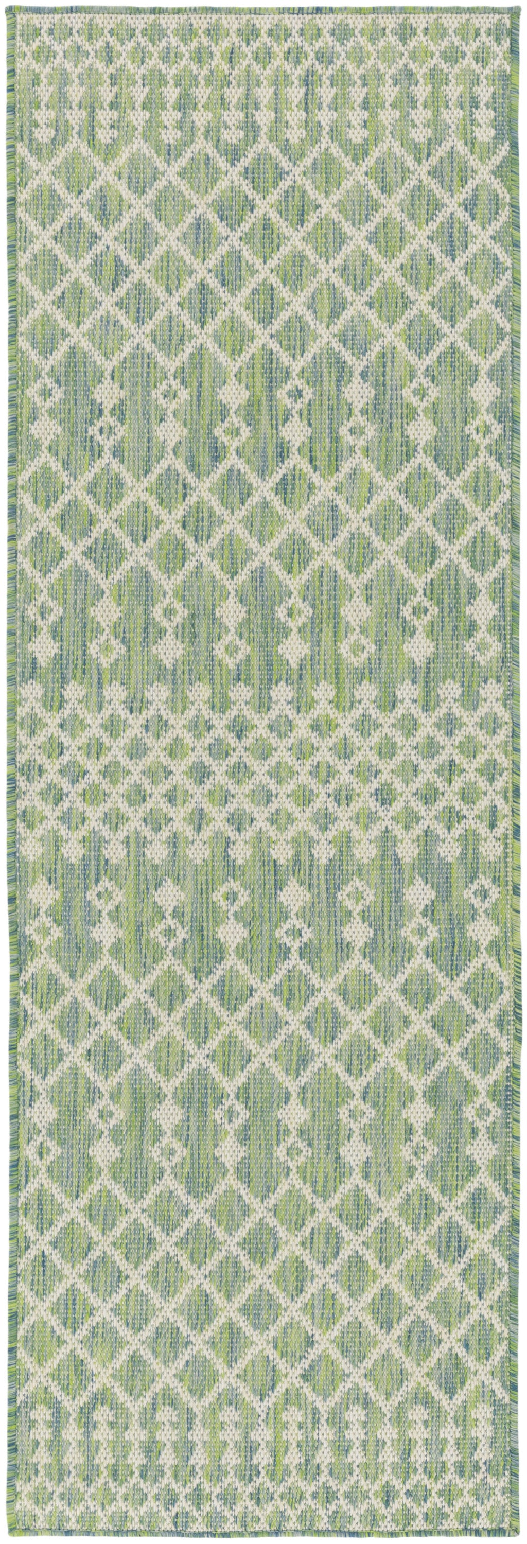 Long green and white woven rug runner with diamond lattice pattern and fringed edges, 8 ft long.