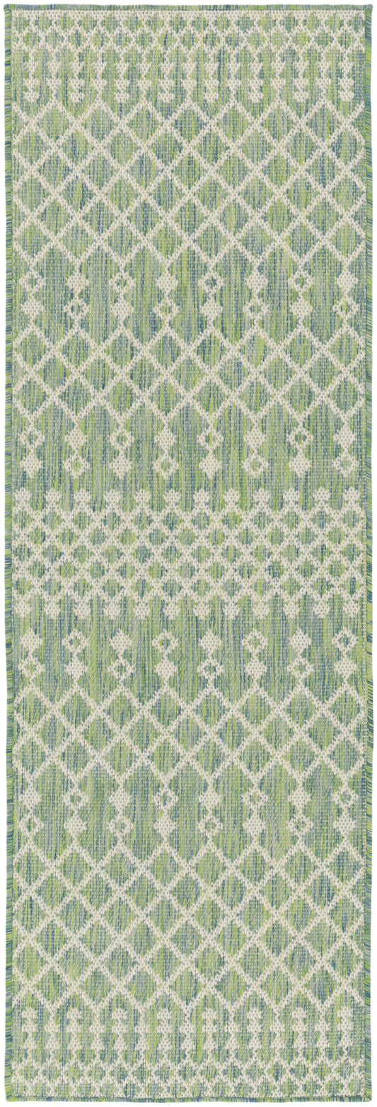 Long green and white woven rug runner with diamond lattice pattern and fringed edges, 8 ft long.