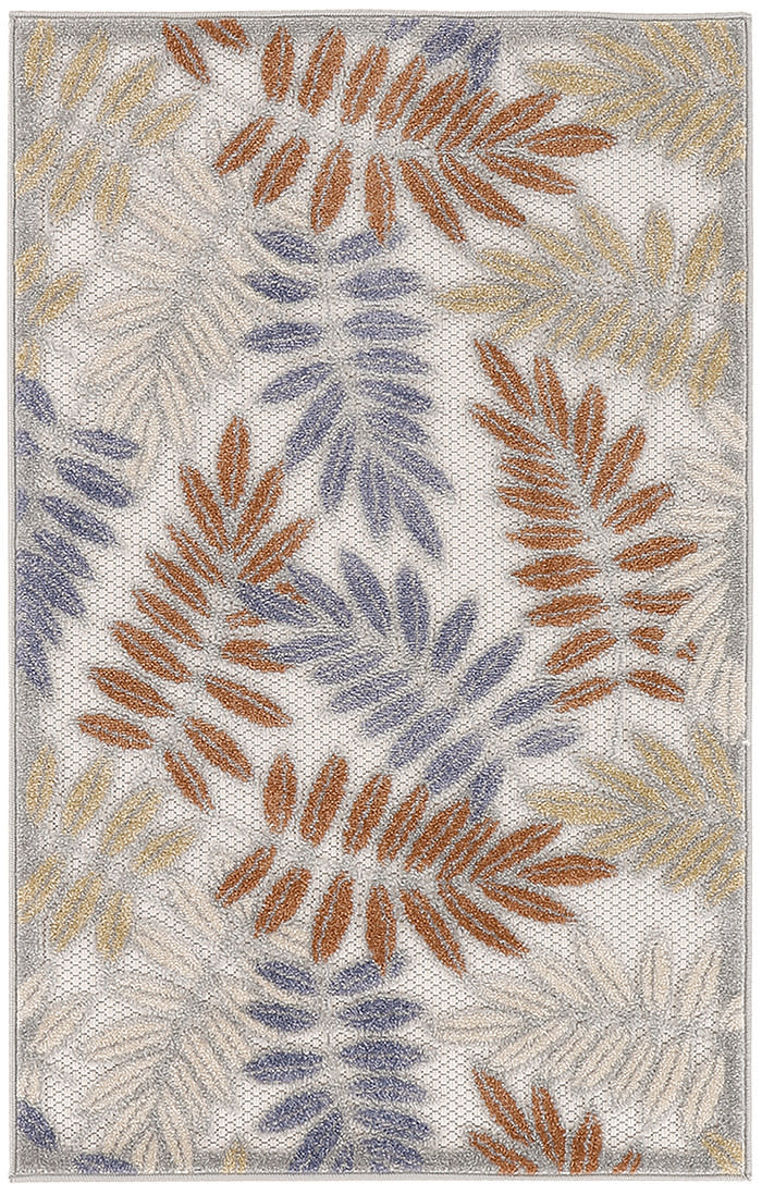 Outdoor rectangular woven area rug with rust orange, lavender blue and beige leaf fronds on a light gray background (3' x 4').
