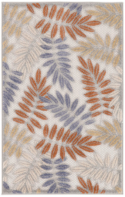 Outdoor rectangular woven area rug with rust orange, lavender blue and beige leaf fronds on a light gray background (3' x 4').