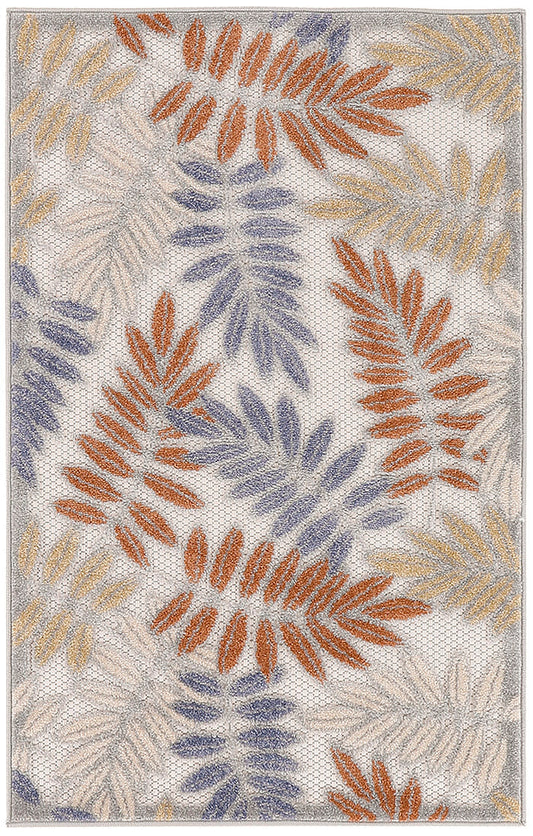 Outdoor rectangular woven area rug with rust orange, lavender blue and beige leaf fronds on a light gray background (3' x 4').