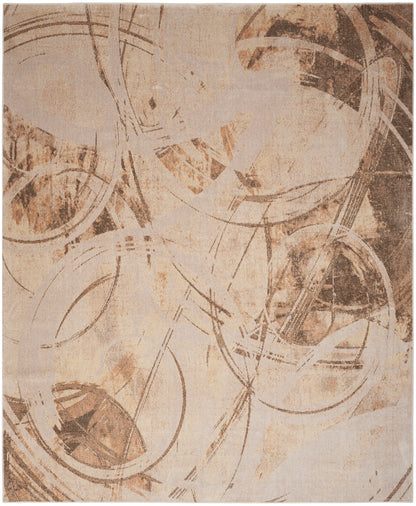 Abstract beige rug with overlapping taupe circular lines and soft textured tones; contemporary geometric style.