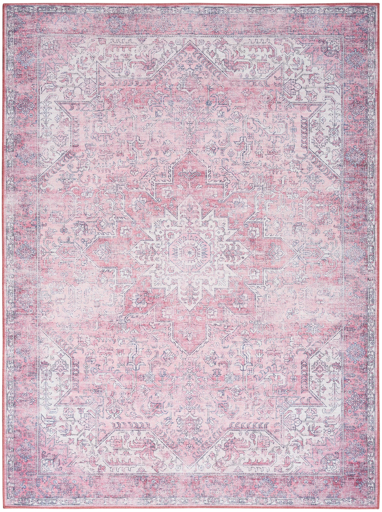 Pink and blue distressed oriental area rug with central medallion and ornate border.
