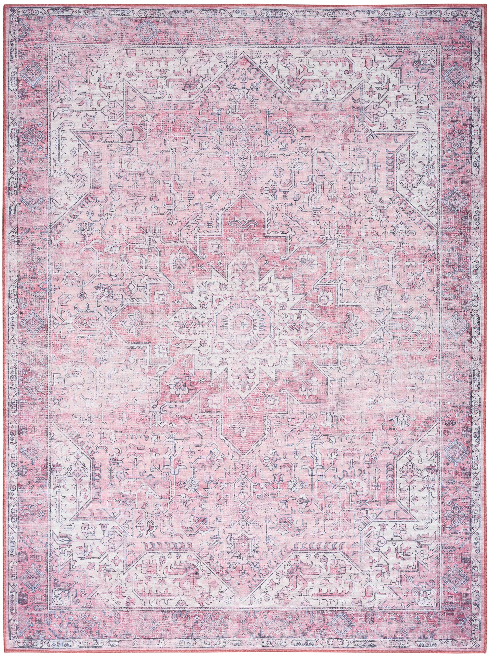 Pink and blue distressed oriental area rug with central medallion and ornate border.