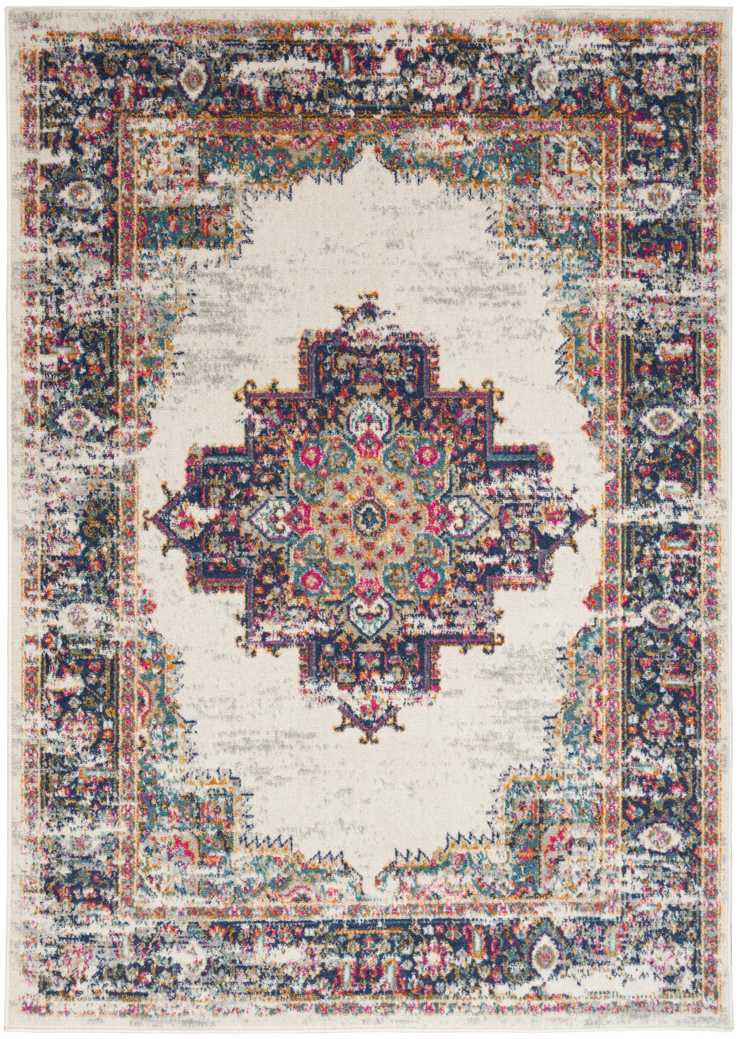 Persian-inspired distressed rug with ivory field, vibrant central medallion and ornate multicolor border in teal, pink, navy.