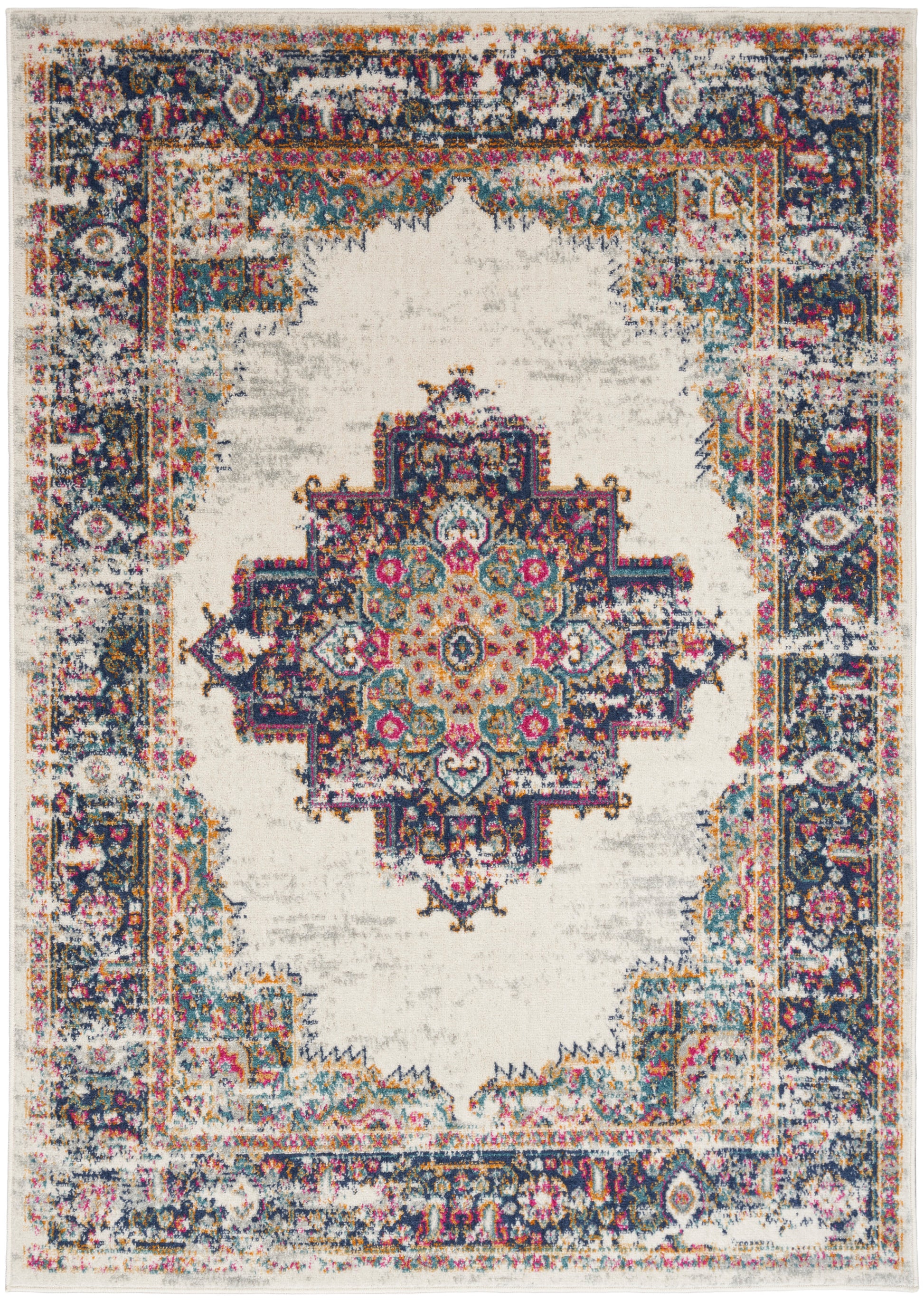 Persian-inspired distressed rug with ivory field, vibrant central medallion and ornate multicolor border in teal, pink, navy.