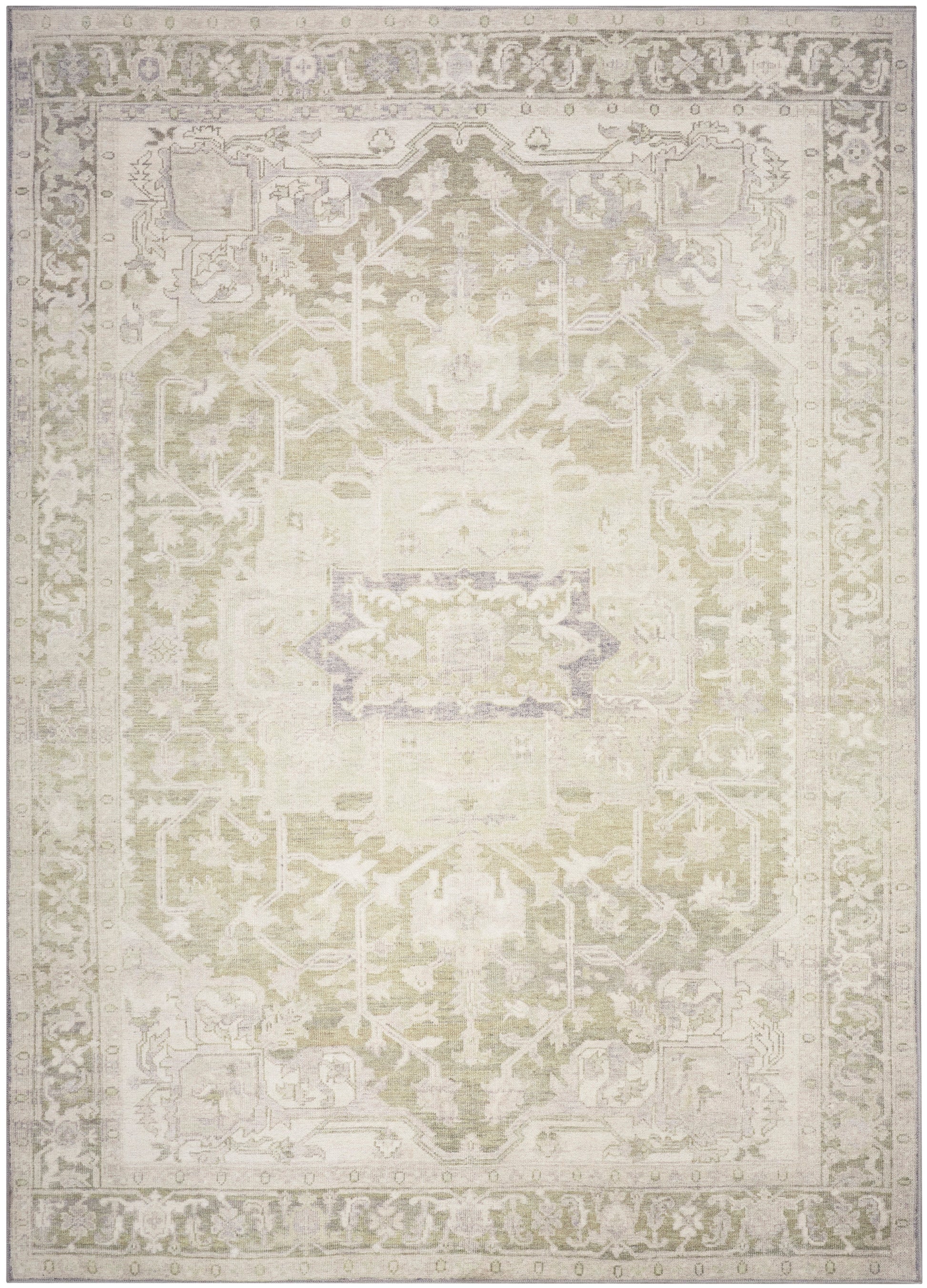 Rectangular distressed oriental rug in ivory and pale gray with a central medallion and ornate border.
