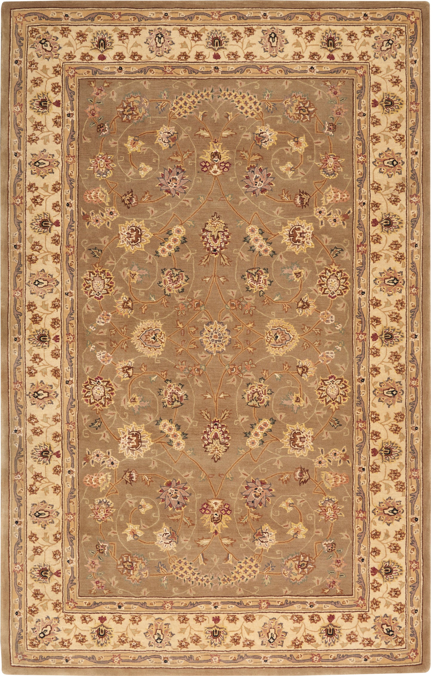 Persian-style rectangular wool rug with taupe center, ivory border, and colorful floral motifs; traditional ornamental design.