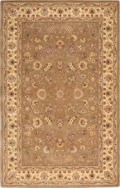 Persian-style rectangular wool rug with taupe center, ivory border, and colorful floral motifs; traditional ornamental design.