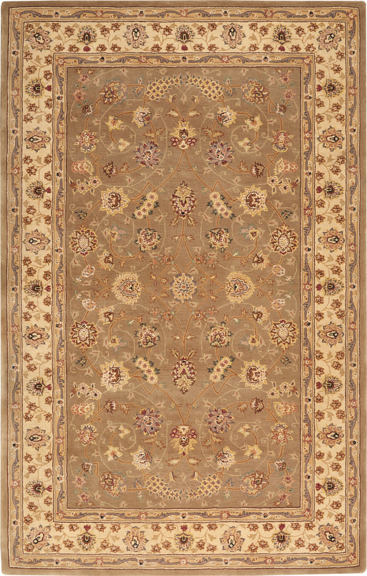Persian-style rectangular wool rug with taupe center, ivory border, and colorful floral motifs; traditional ornamental design.