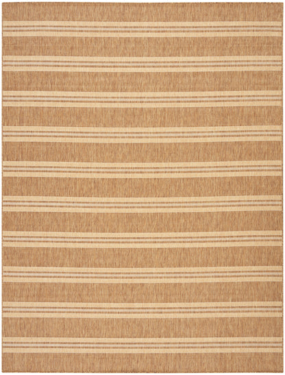 Natural brown rectangular jute rug with alternating light beige horizontal stripe bands.