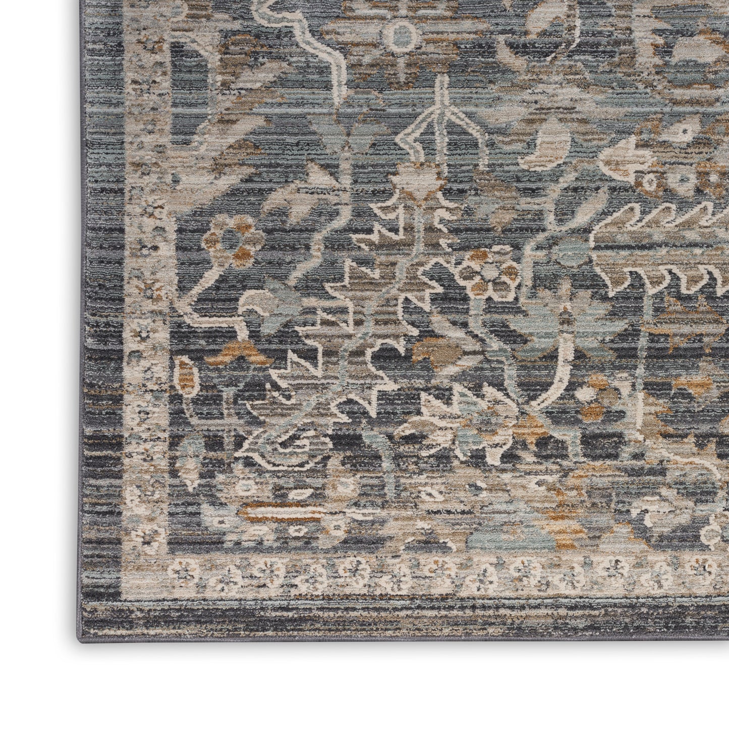 Rectangular blue-gray traditional 8' runner rug with beige floral vines and ornate border; soft textured pile for living rooms.