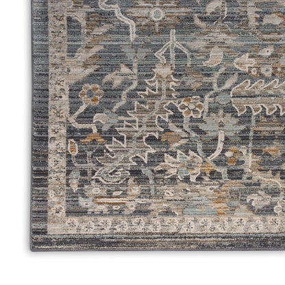 Rectangular blue-gray traditional 8' runner rug with beige floral vines and ornate border; soft textured pile for living rooms.