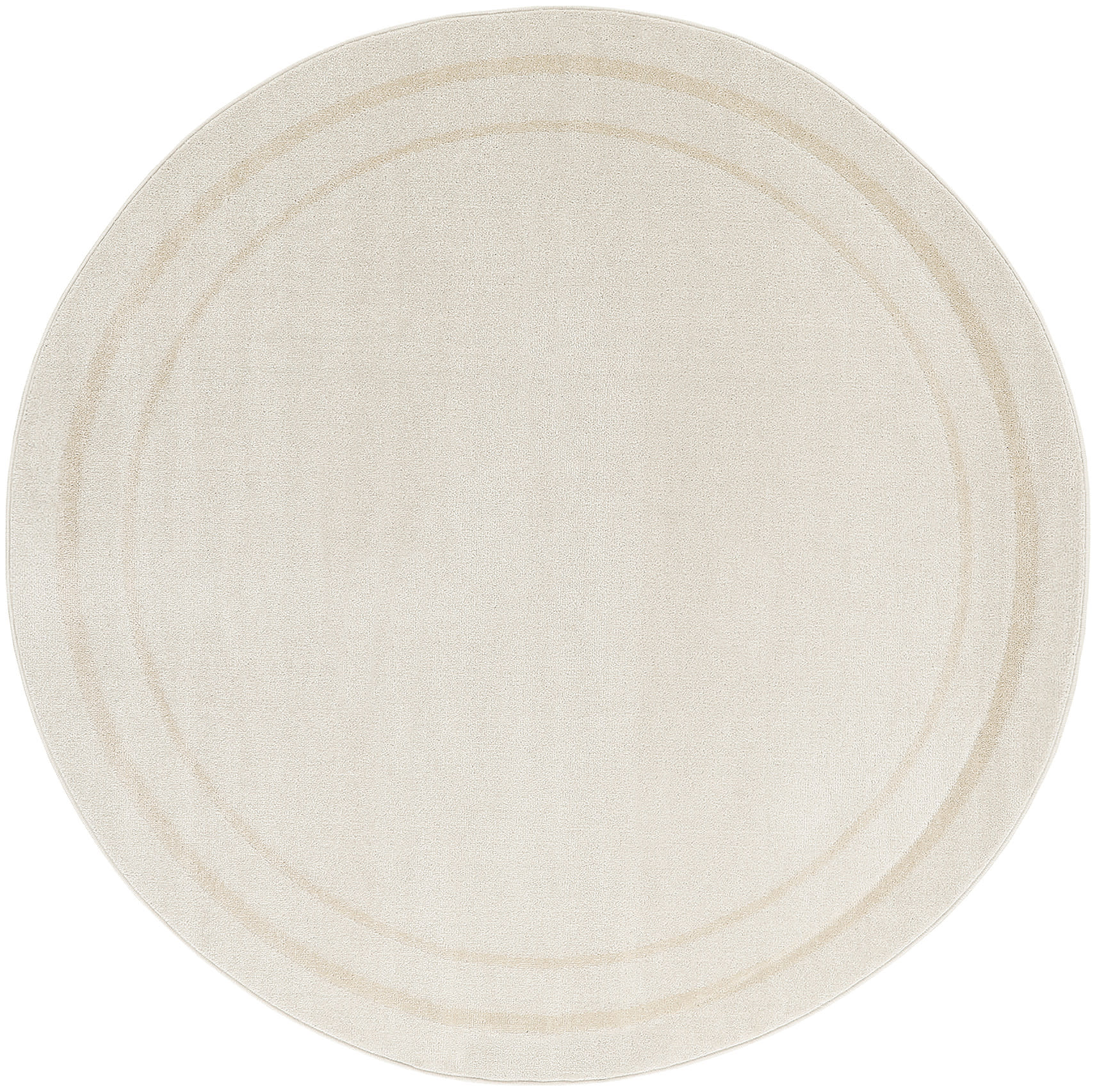 Beige round area rug with soft textured weave and subtle concentric ring pattern.