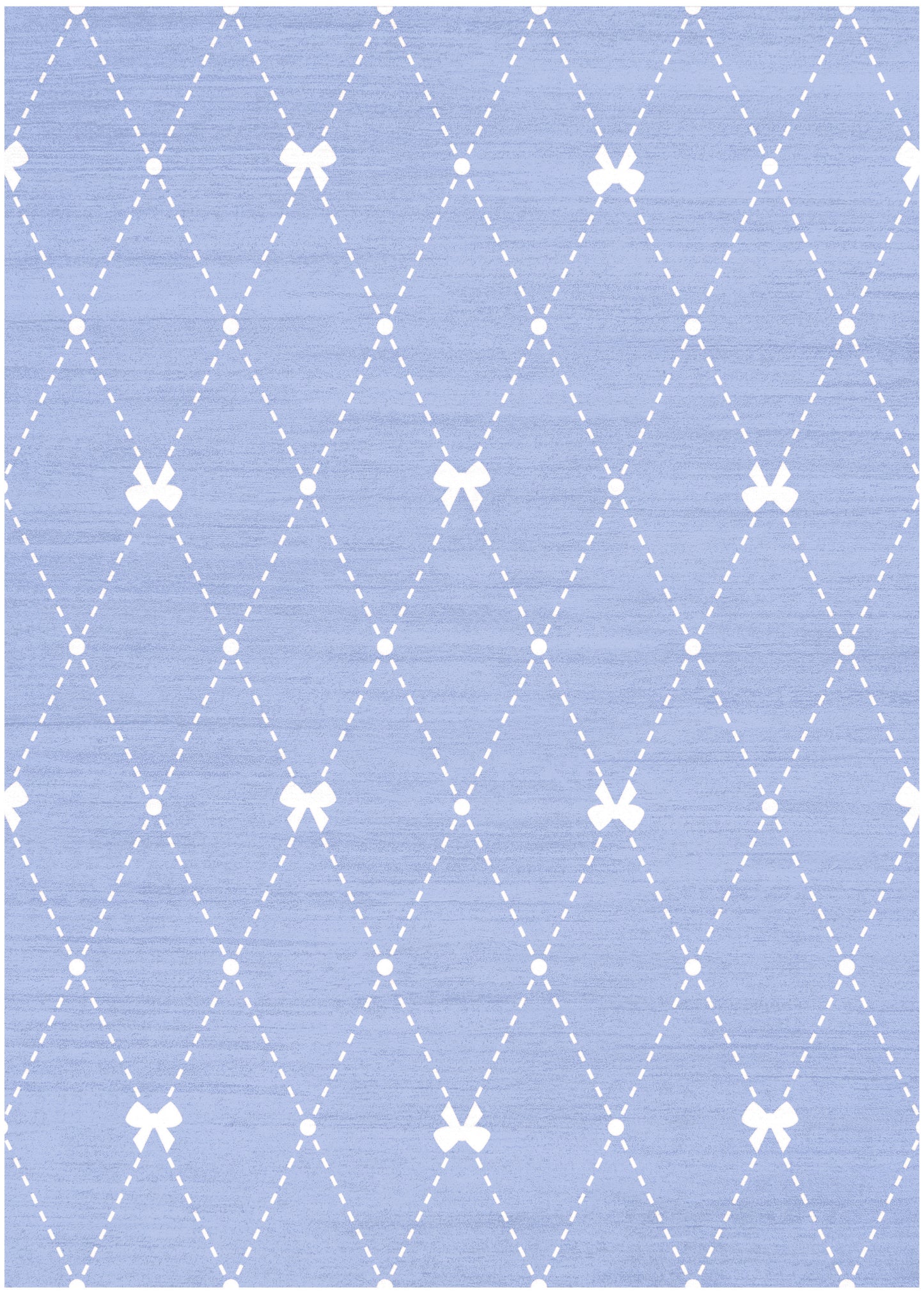 Lilac fabric with white dashed diamond lattice and small white bows at each intersection.