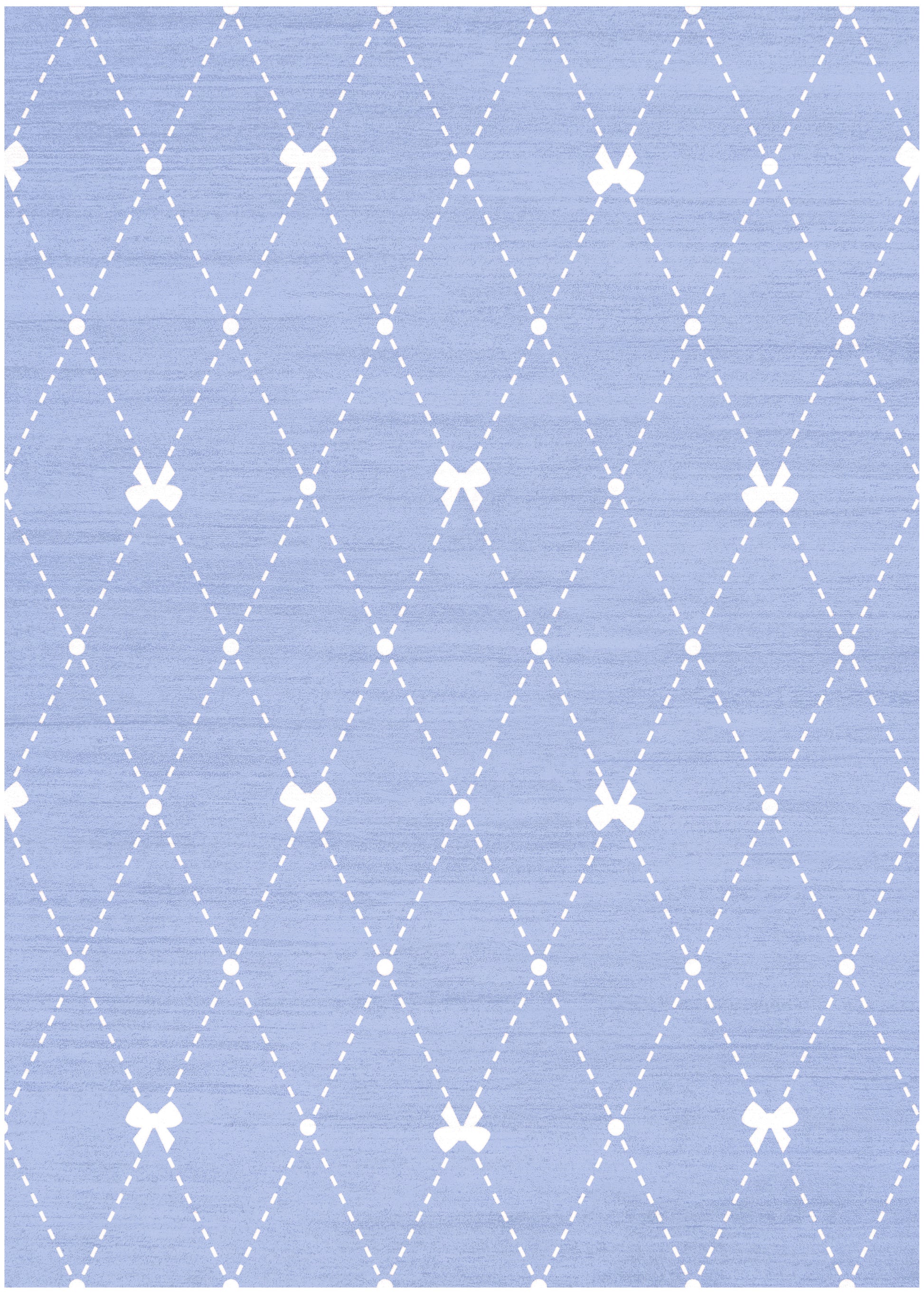 Lilac fabric with white dashed diamond lattice and small white bows at each intersection.