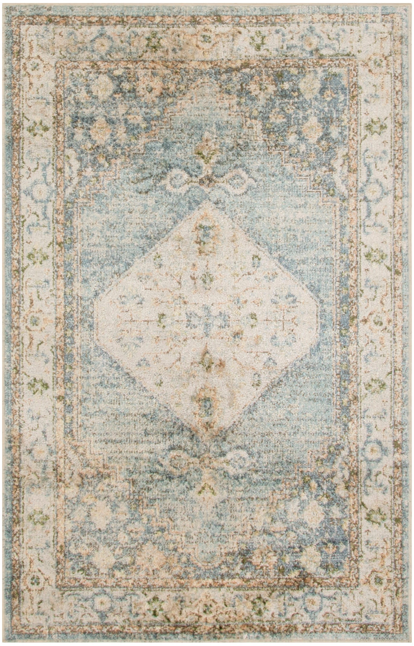 Distressed vintage-style area rug with light blue field, white diamond medallion, and ornate beige floral border.