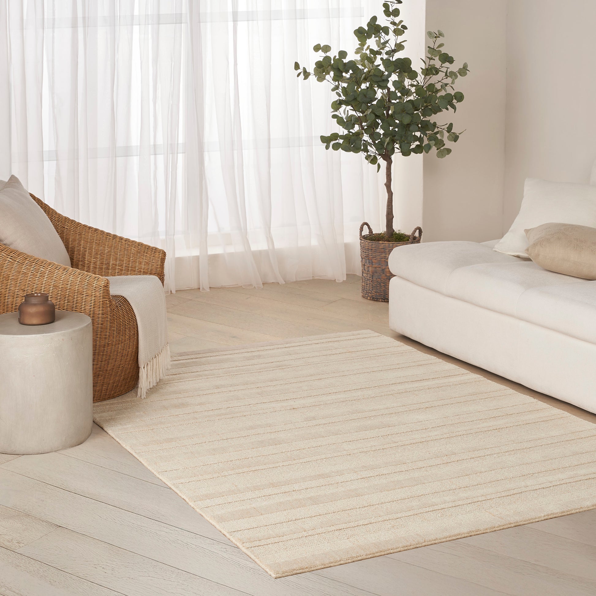 Bright living room with cream striped rug, white sofa, woven rattan chair, potted plant, sheer curtains.