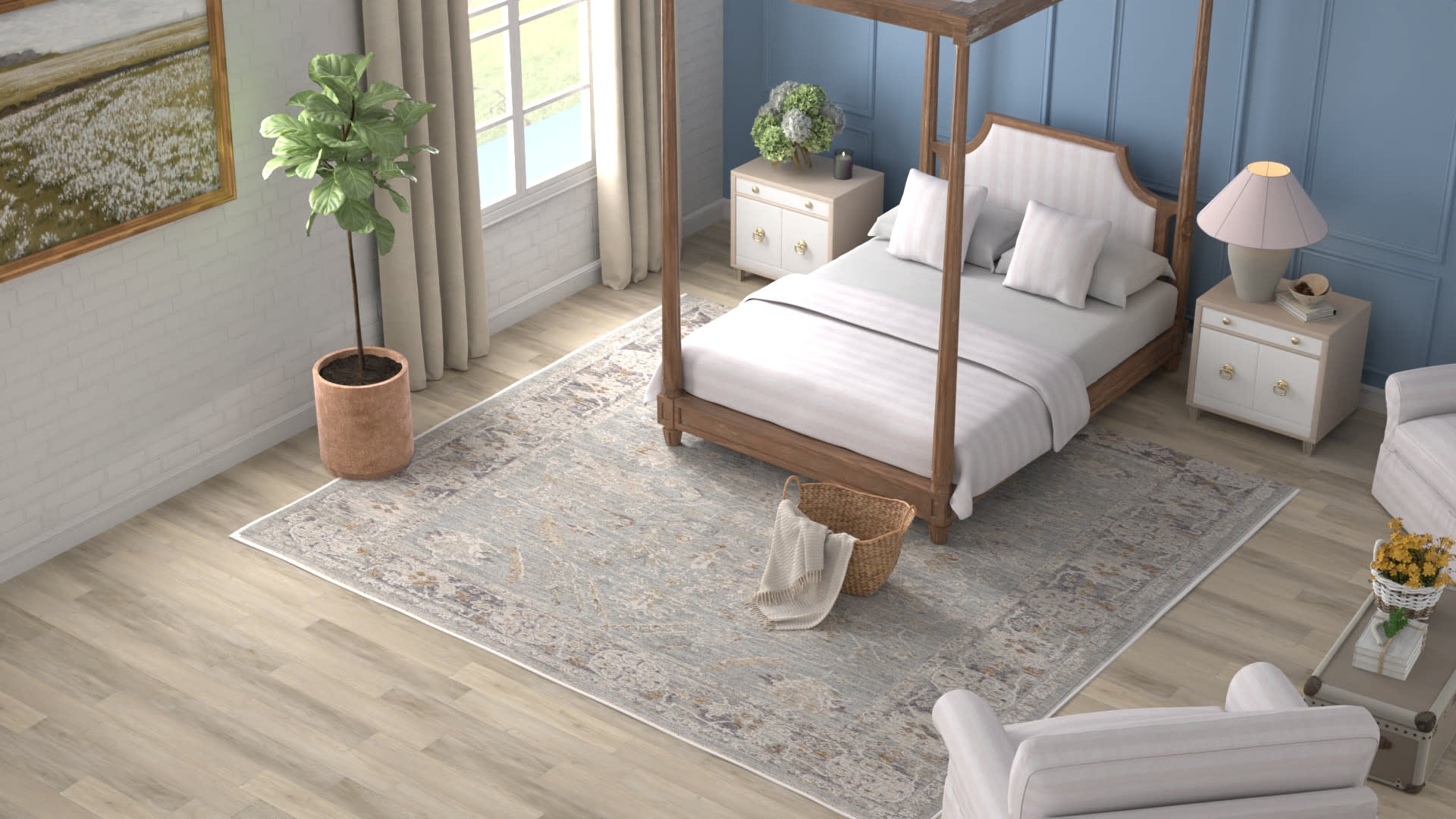 Wood four-poster bed with white linens on a light patterned rug, blue paneled walls, white nightstands and a potted plant.