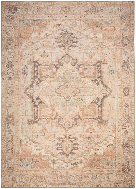 Rectangular vintage-style oriental rug in cream, peach & tan with a central medallion and floral border; distressed finish.