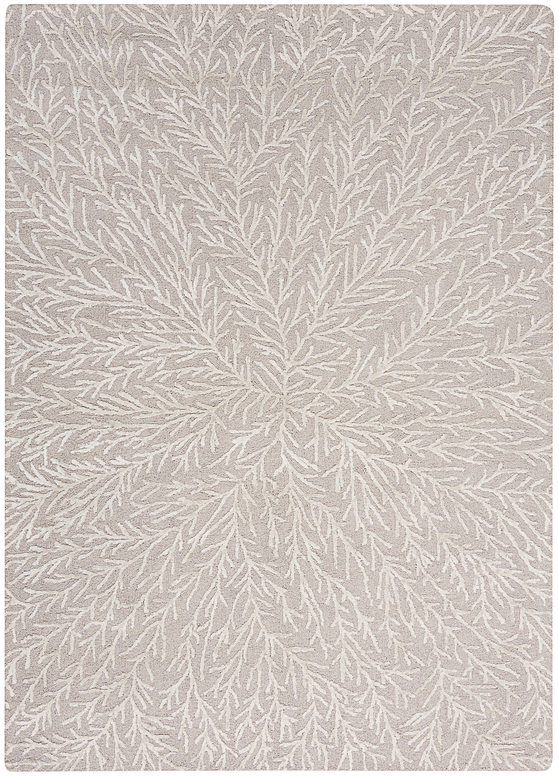 Taupe rug with white raised branch-like pattern radiating from center; soft, textured, modern fern/starburst design.