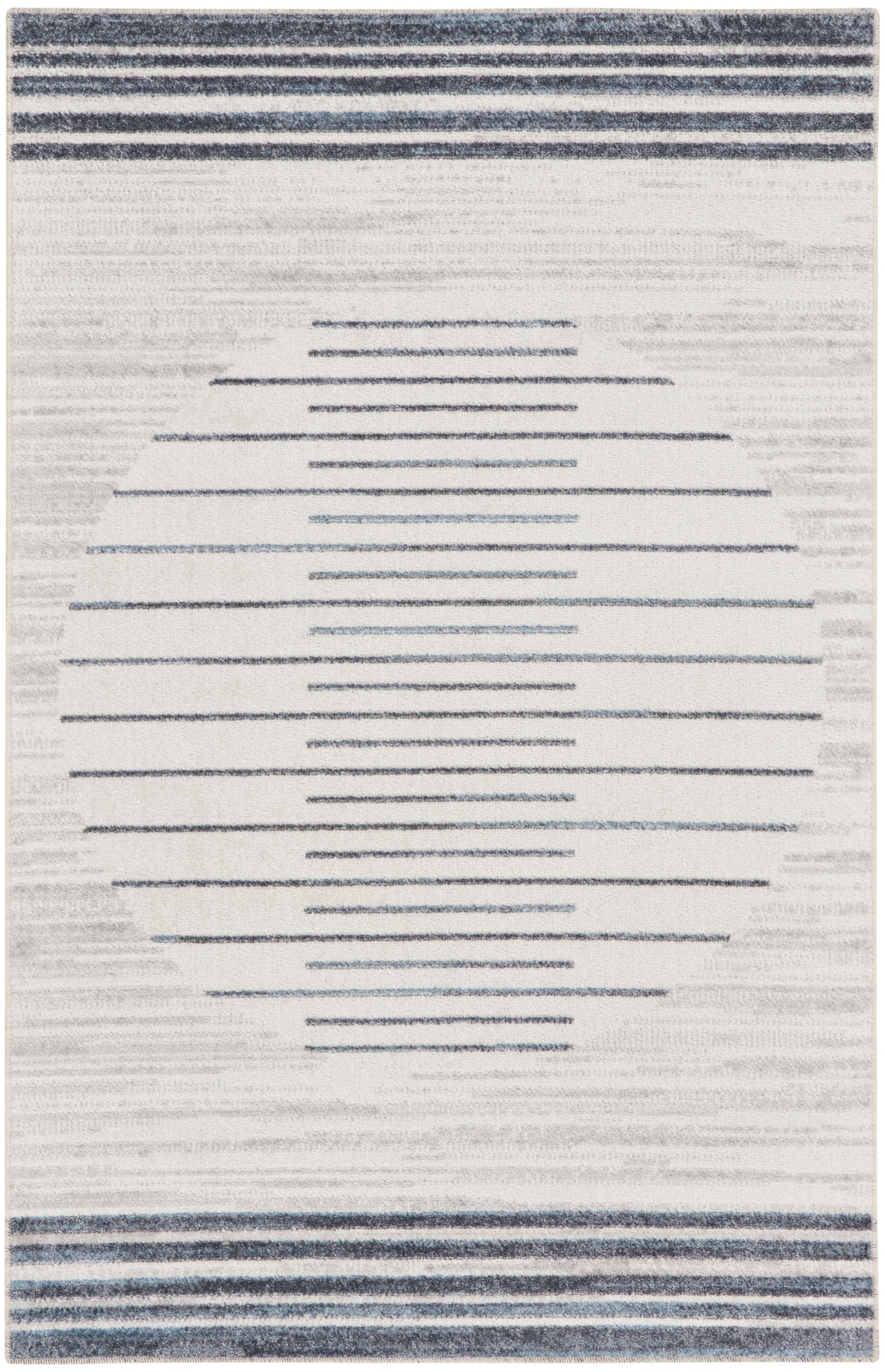 Beige woven rug featuring navy top/bottom stripes and a centered circular pattern of short horizontal lines.
