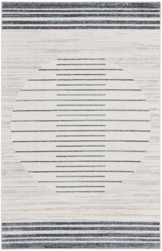 Beige woven rug featuring navy top/bottom stripes and a centered circular pattern of short horizontal lines.