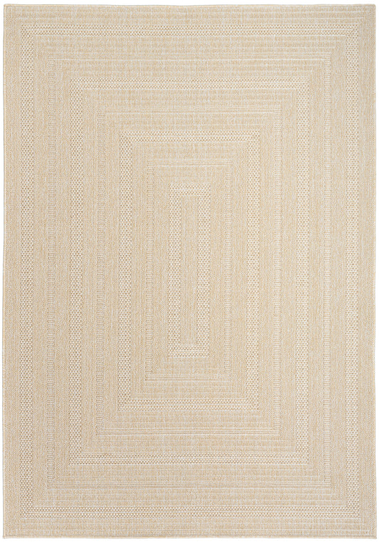 Beige rectangular rug with a woven concentric square pattern; natural textured jute-style area rug.