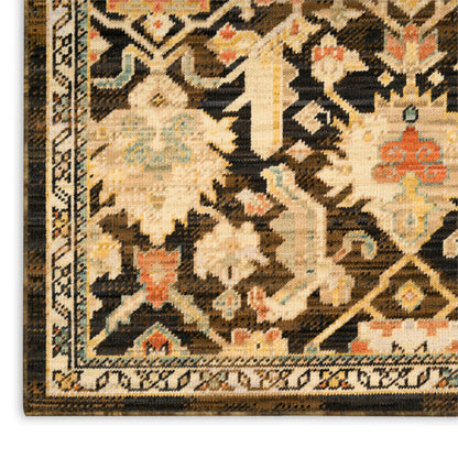 Rectangular oriental rug corner with ivory field, brown/black floral motifs, beige border, warm earthy tones.