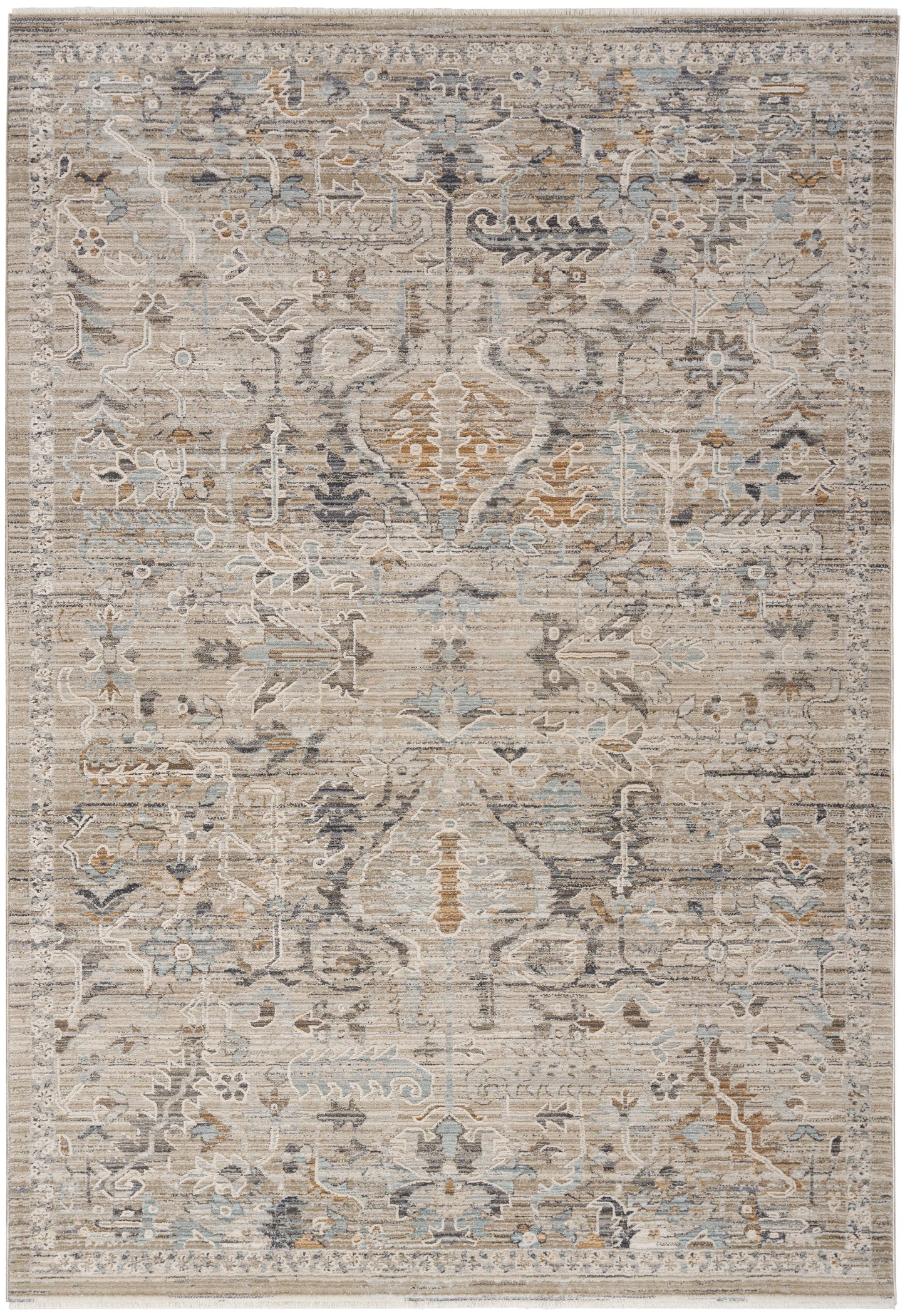 Neutral beige distressed oriental rug with blue, taupe & gray motifs; rectangular, soft woven area rug for living room.