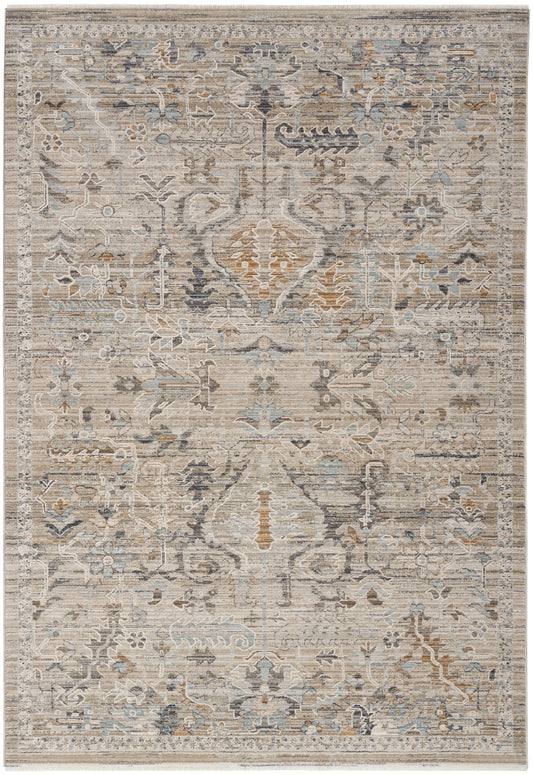 Neutral beige distressed oriental rug with blue, taupe & gray motifs; rectangular, soft woven area rug for living room.