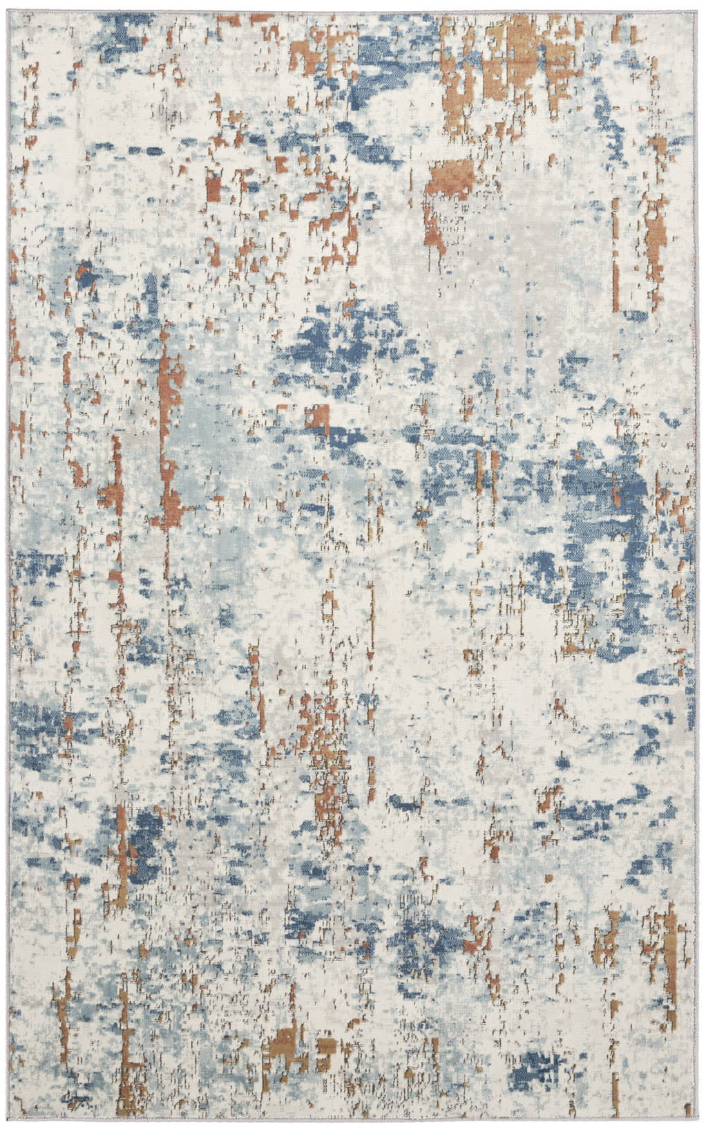 Abstract distressed area rug with cream base and blue orange patches; modern rectangular design.