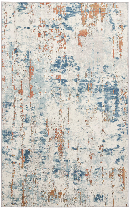Abstract distressed area rug with cream base and blue orange patches; modern rectangular design.
