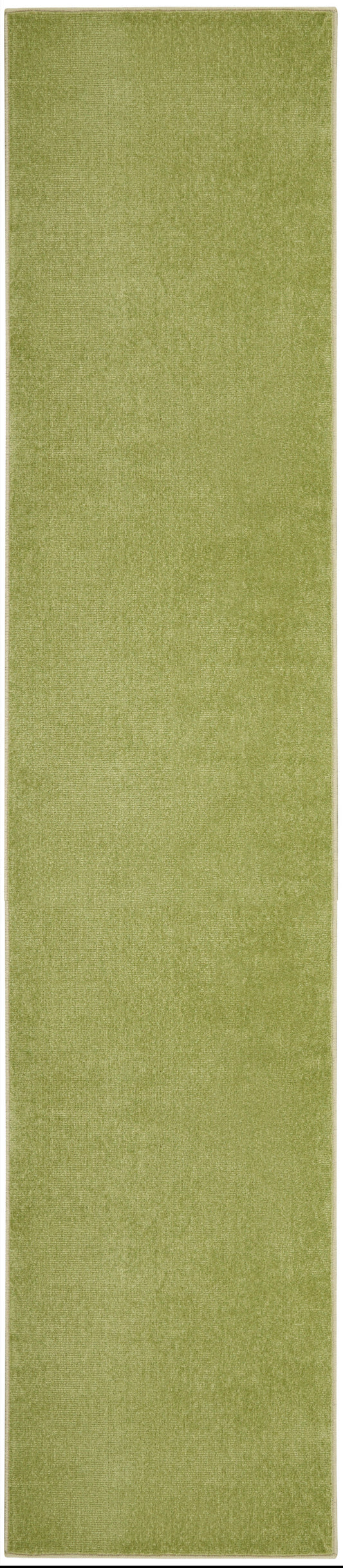 Olive green rectangular outdoor rug runner, 18 ft long, with a soft textured pile and light beige border.