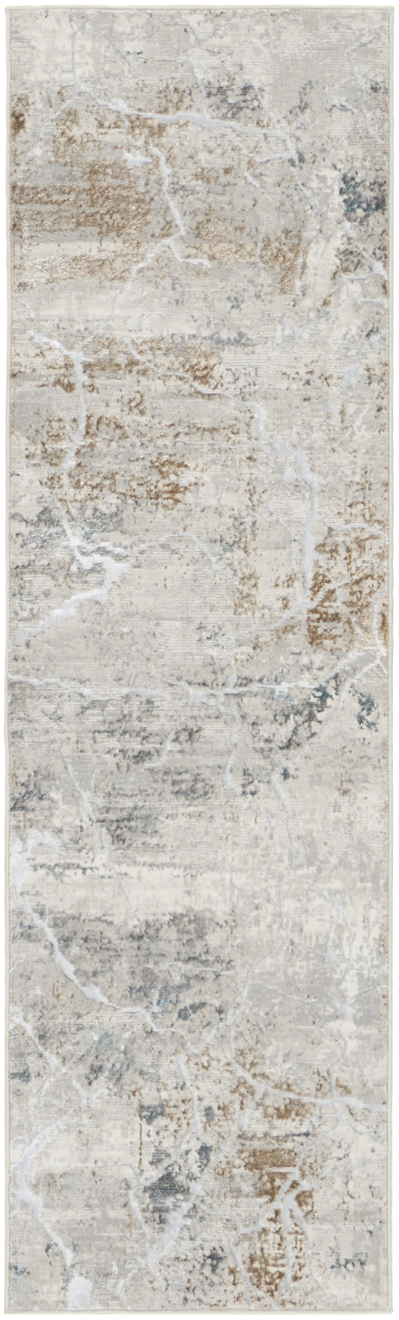 Long rectangular runner rug with a distressed abstract beige, ivory and gray pattern and weathered brown accents.