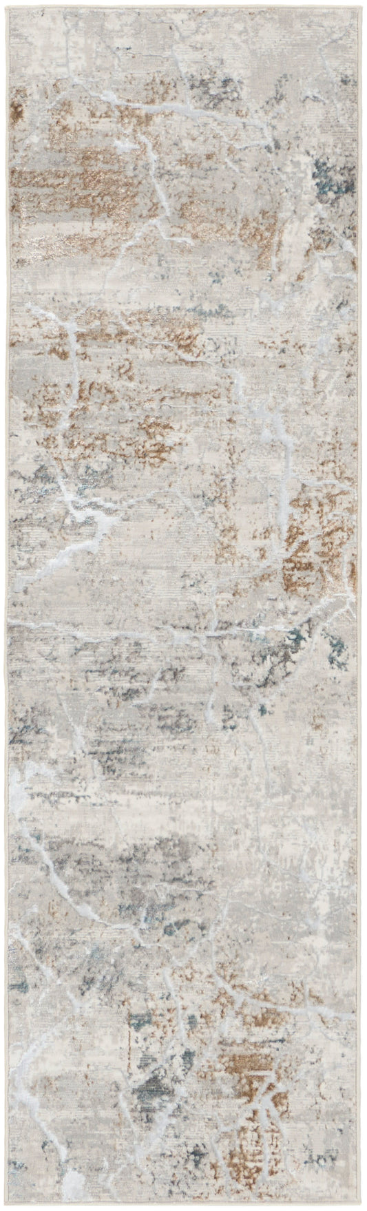 Long rectangular runner rug with a distressed abstract beige, ivory and gray pattern and weathered brown accents.