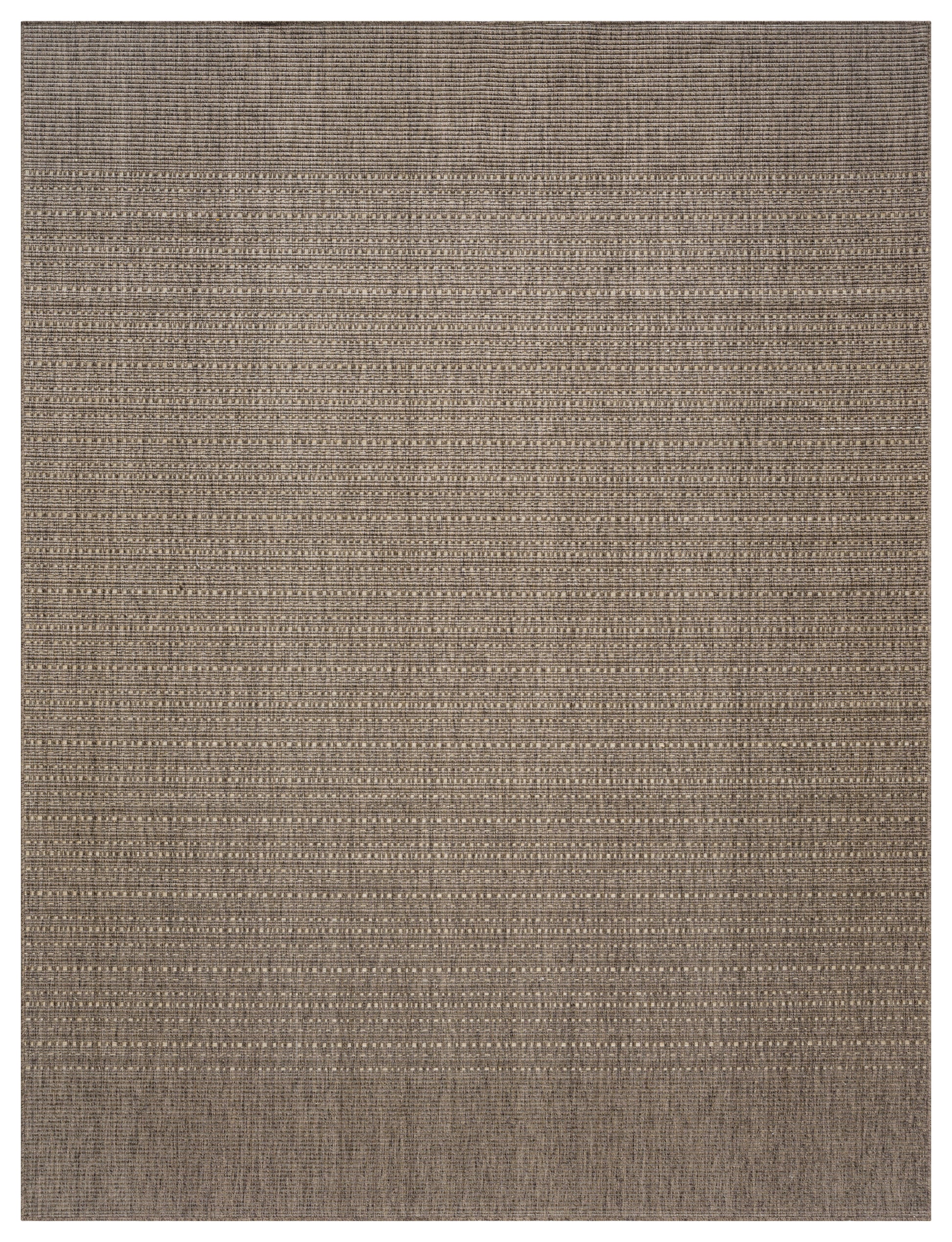 Brown woven area rug with subtle beige stripes and a textured, natural-fiber look.