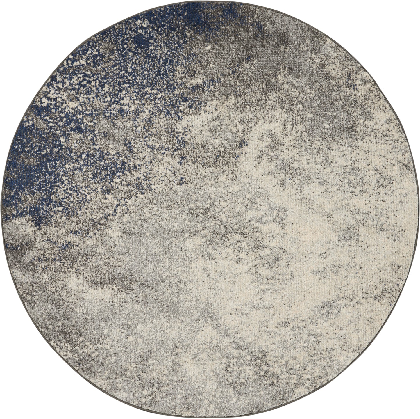 Round area rug with cloudy blue & ivory speckled pattern; modern abstract design, soft texture, ideal for living rooms.