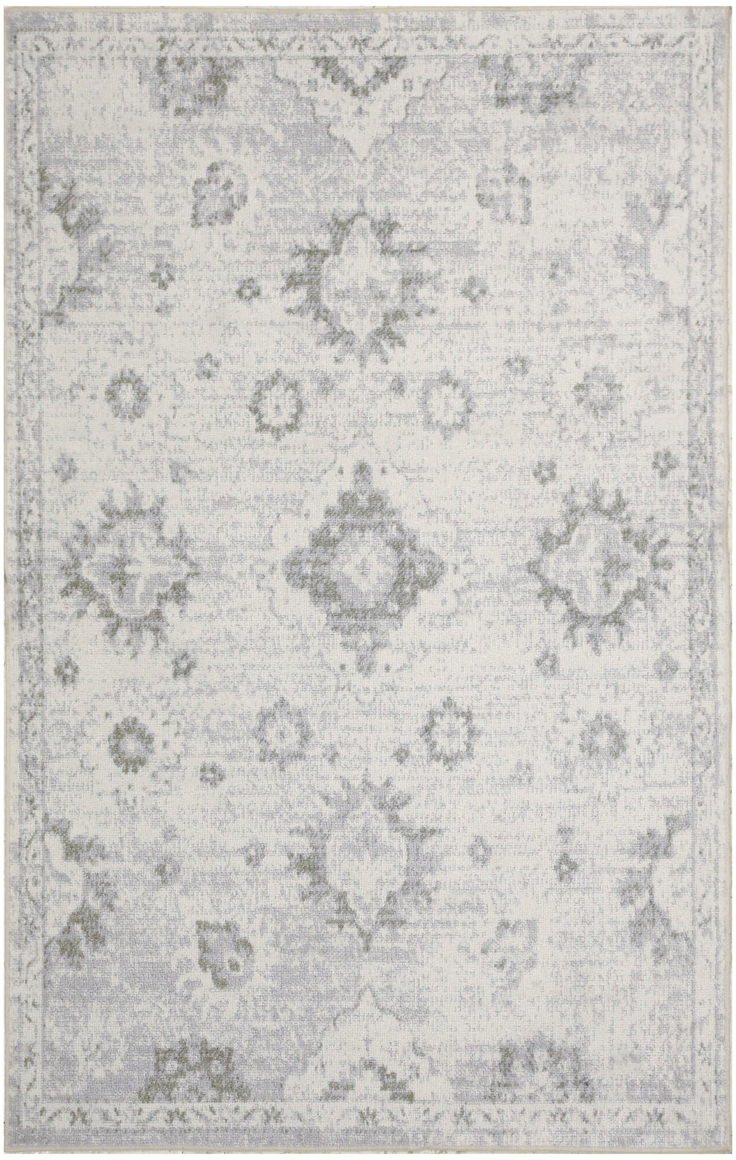 Rectangular distressed floral medallion area rug in ivory & gray, soft vintage look, versatile for living room decor.