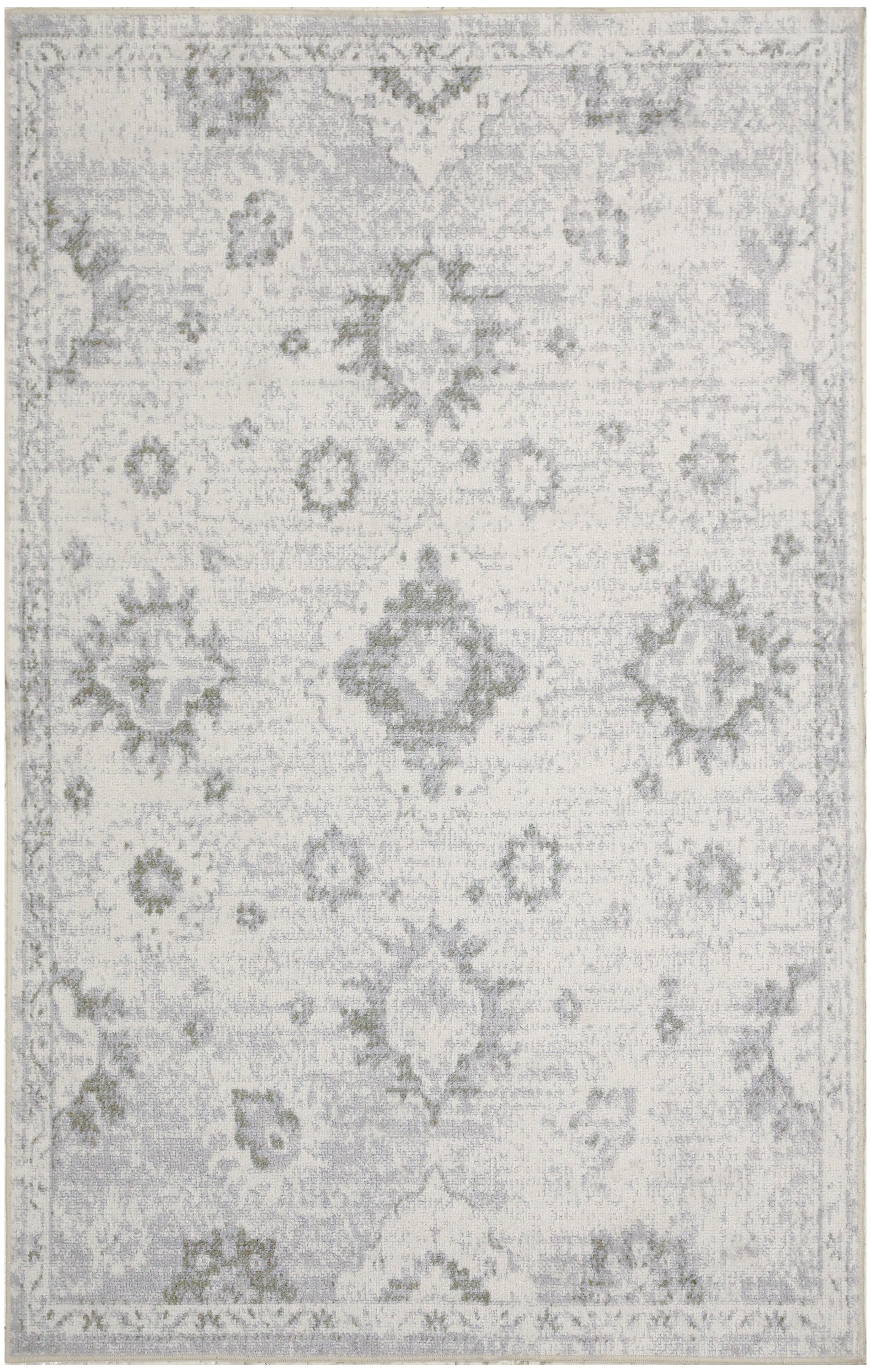 Rectangular distressed floral medallion area rug in ivory & gray, soft vintage look, versatile for living room decor.