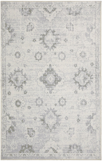 Rectangular distressed floral medallion area rug in ivory & gray, soft vintage look, versatile for living room decor.