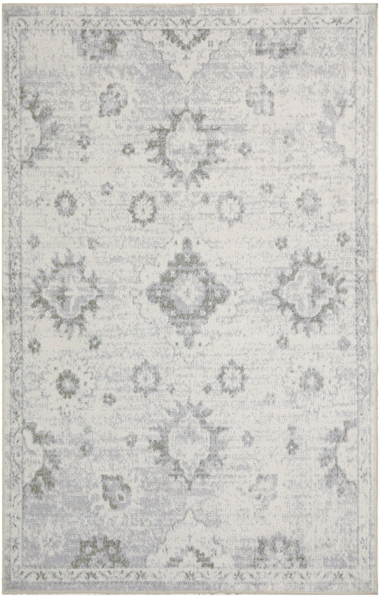 Rectangular distressed floral medallion area rug in ivory & gray, soft vintage look, versatile for living room decor.