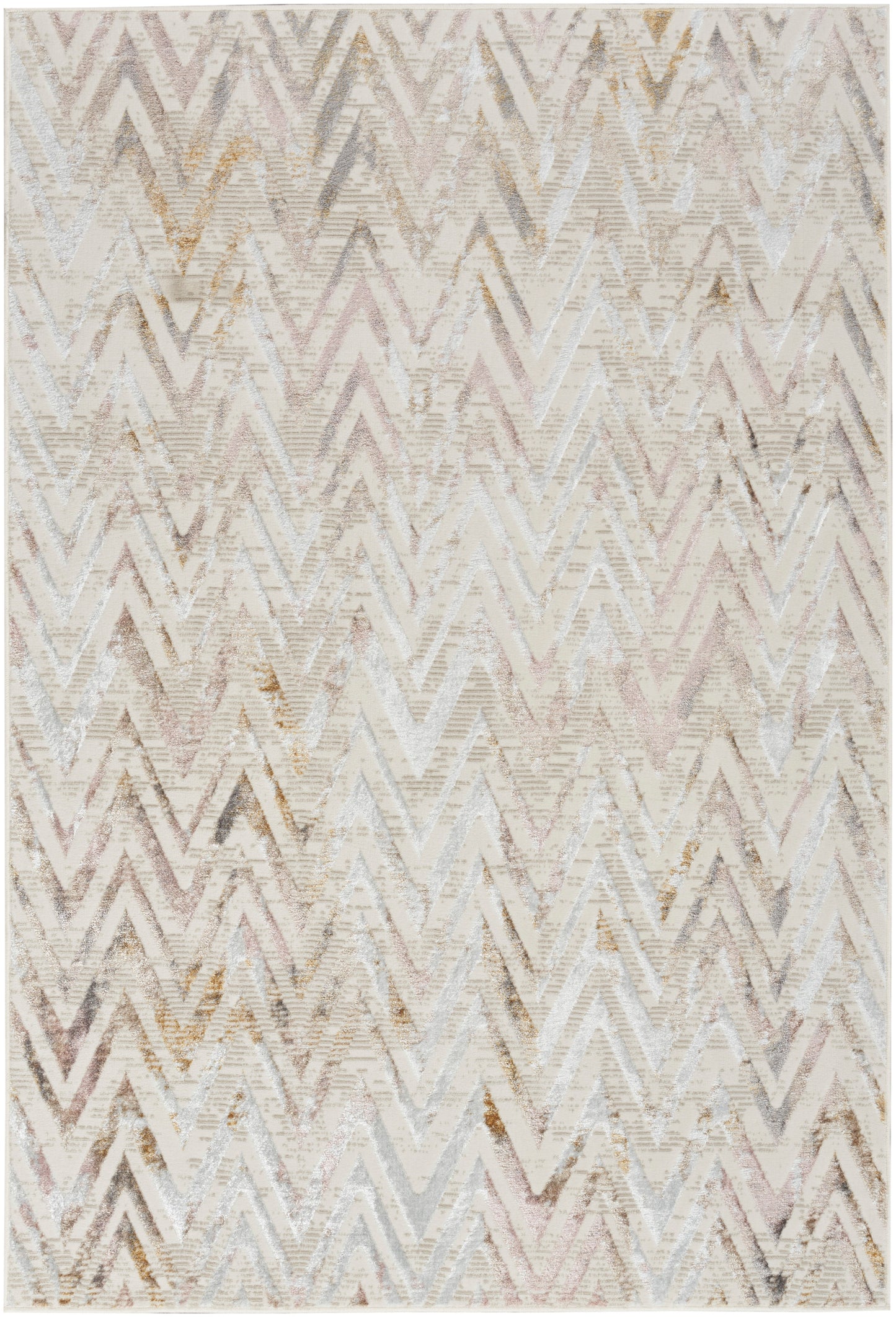 Neutral chevron rug in beige, ivory, taupe and gray with a soft woven texture for living room decor.