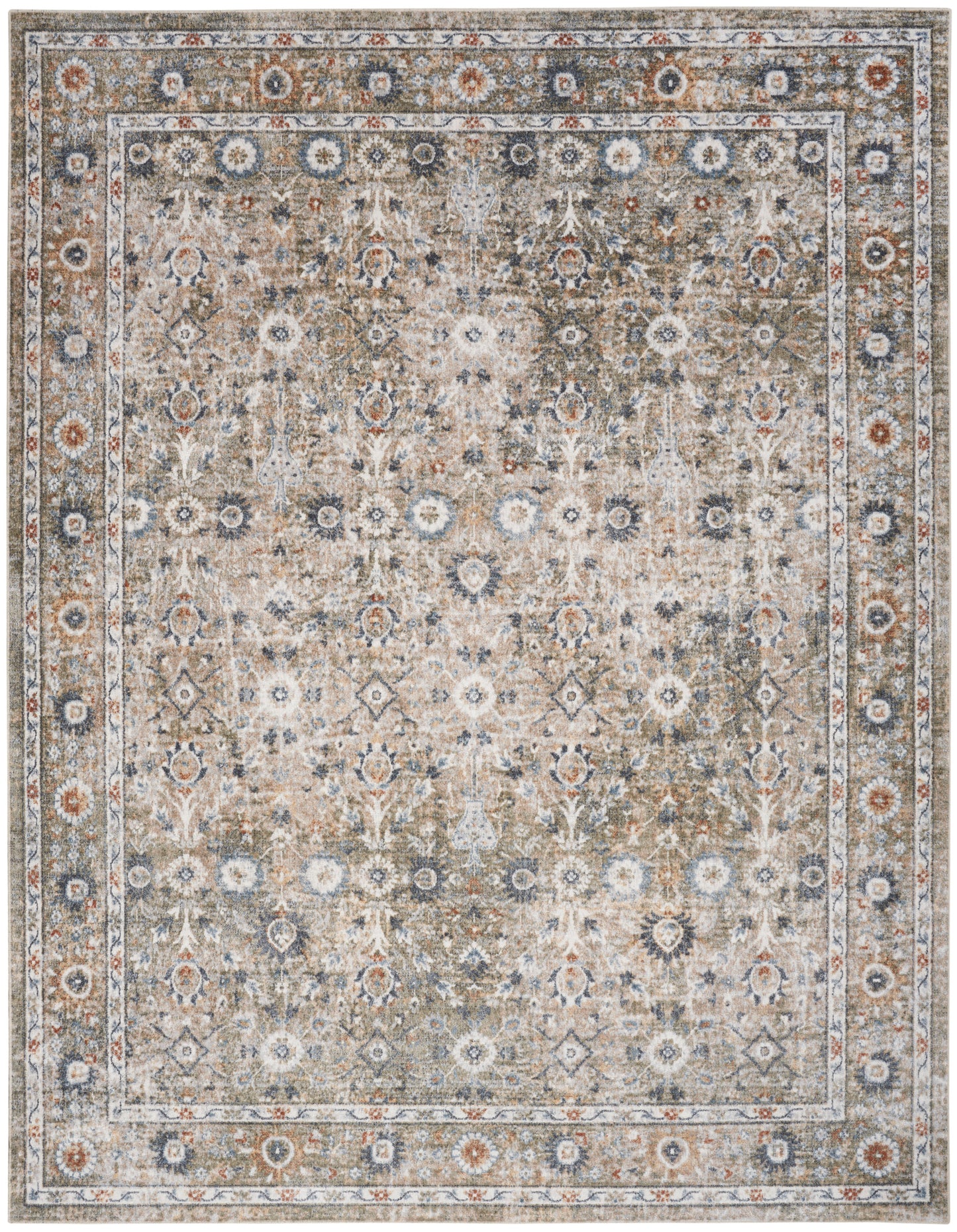 Rectangular vintage Persian-style area rug in beige, gray and ivory with blue floral medallions and ornate border.