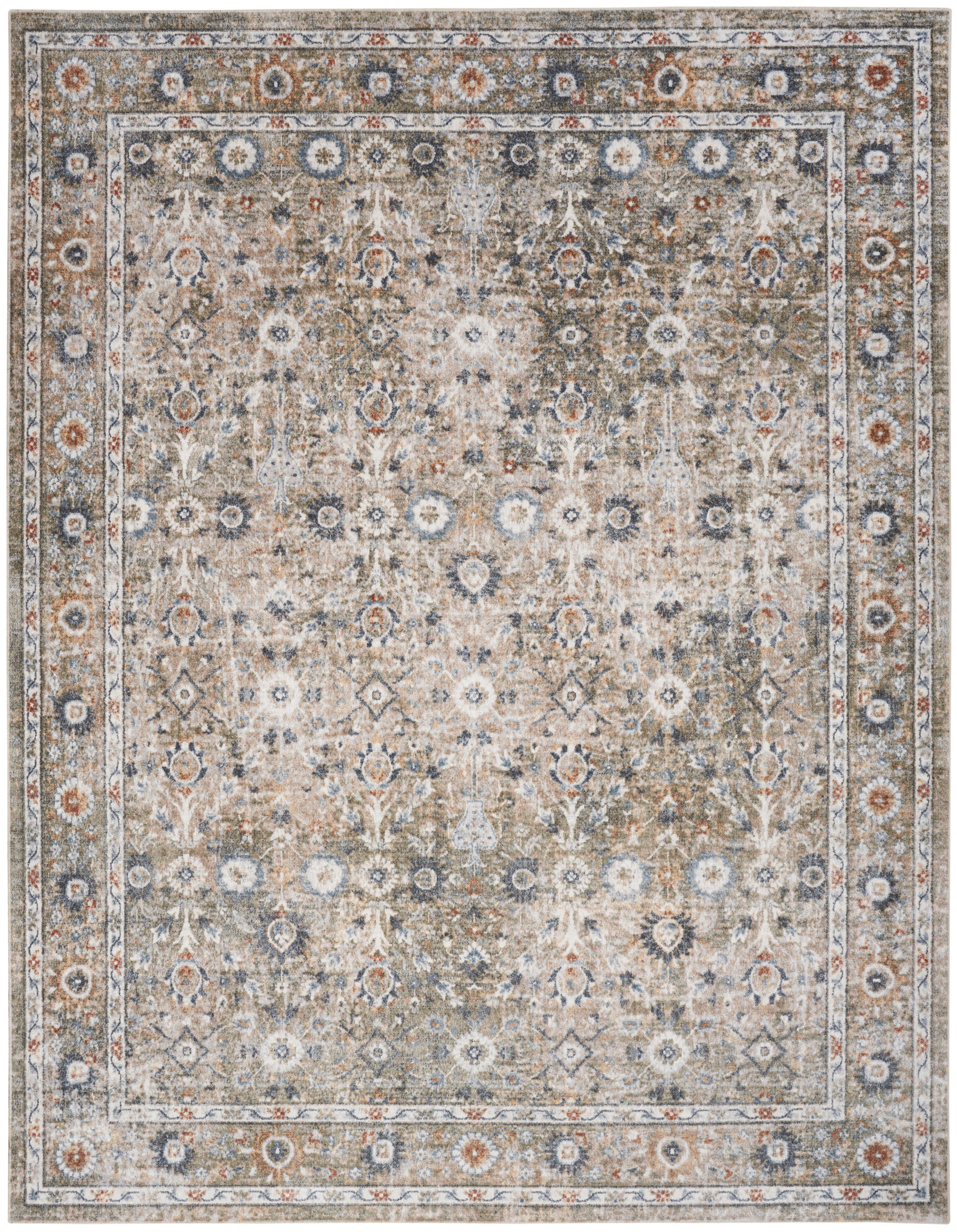 Rectangular vintage Persian-style area rug in beige, gray and ivory with blue floral medallions and ornate border.