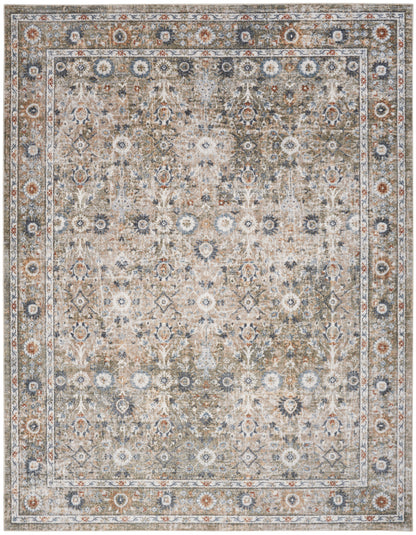 Rectangular vintage Persian-style area rug in beige, gray and ivory with blue floral medallions and ornate border.