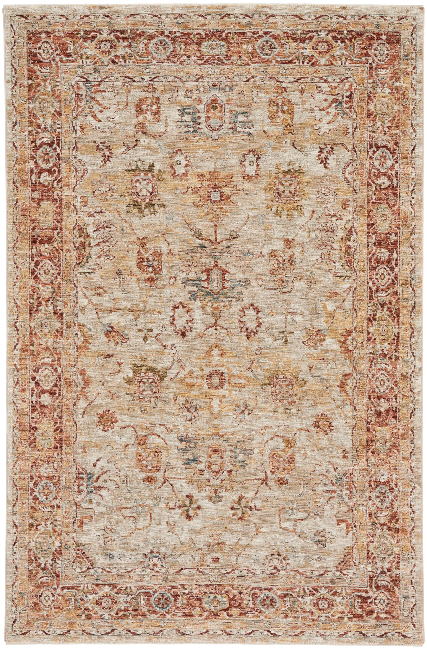 Distressed beige Persian-style area rug with rust-red border, cream field, and faded floral motifs in blue, gold, and olive.