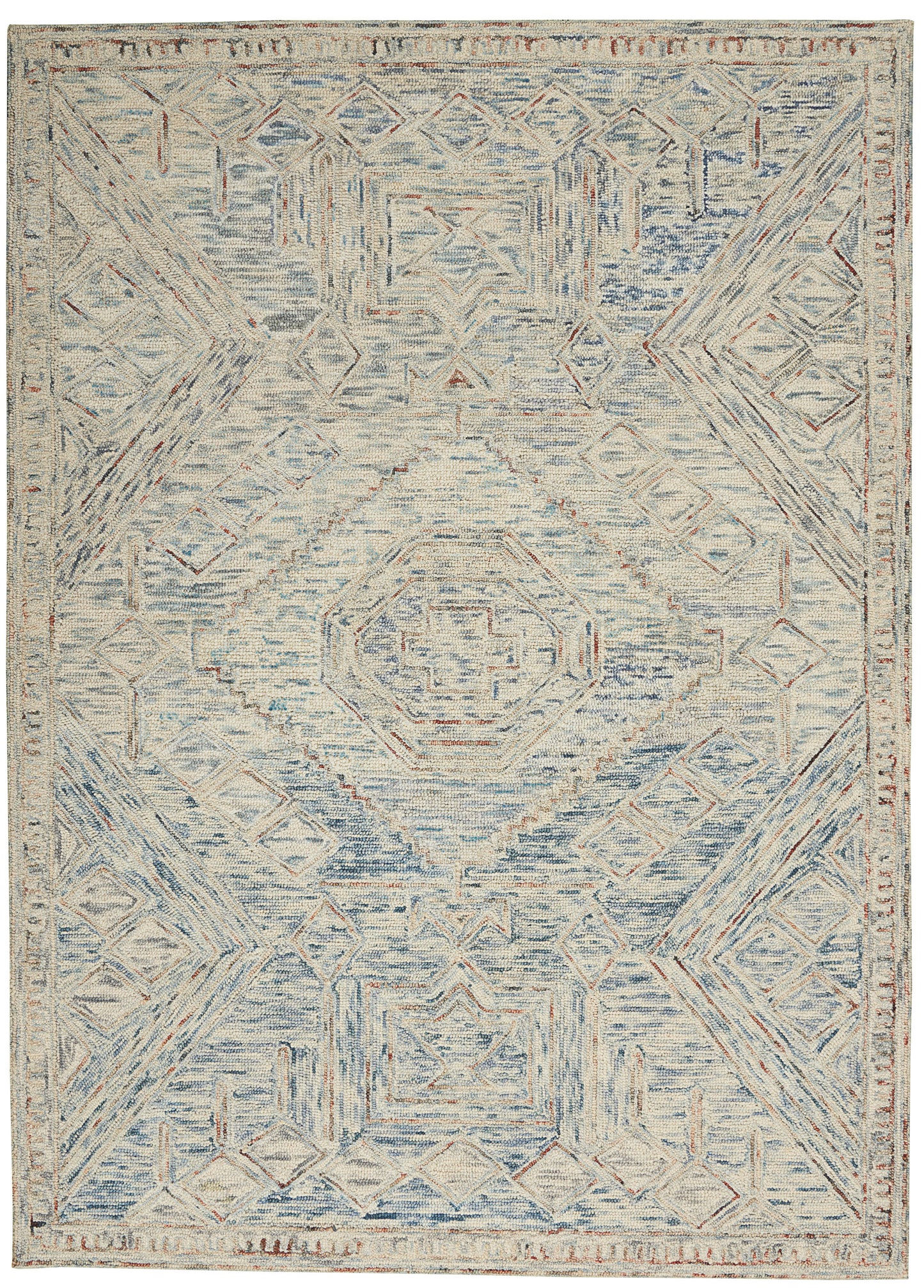 Vintage-inspired geometric area rug in pale blue and ivory with diamond motifs, central medallion, and bordered edge.