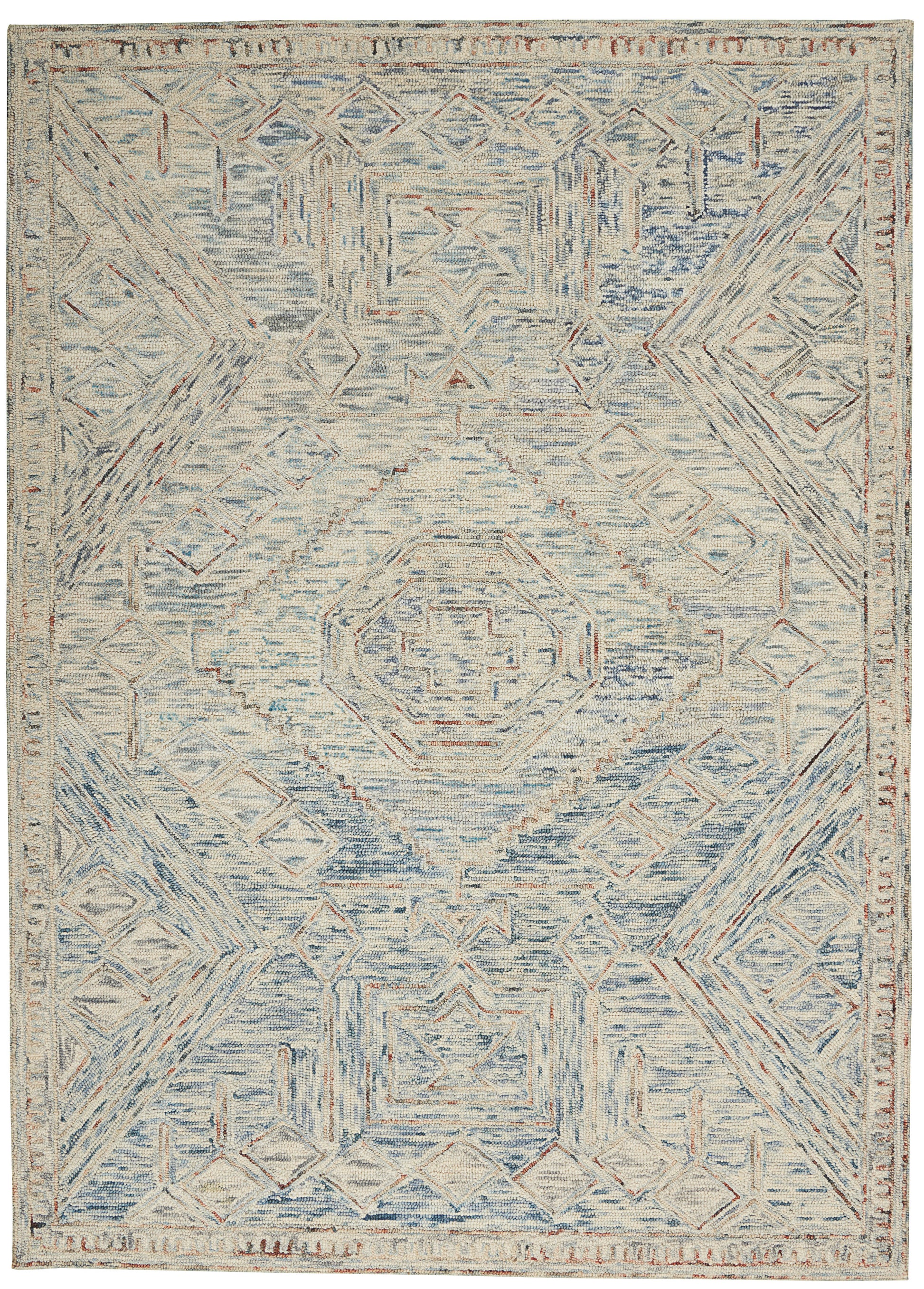 Vintage-inspired geometric area rug in pale blue and ivory with diamond motifs, central medallion, and bordered edge.